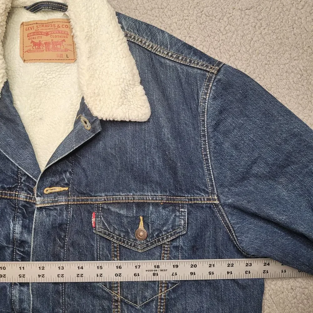 Levis‎ Jacket Mens Large Blue Denim Sherpa Lined Trucker Button Front Classic